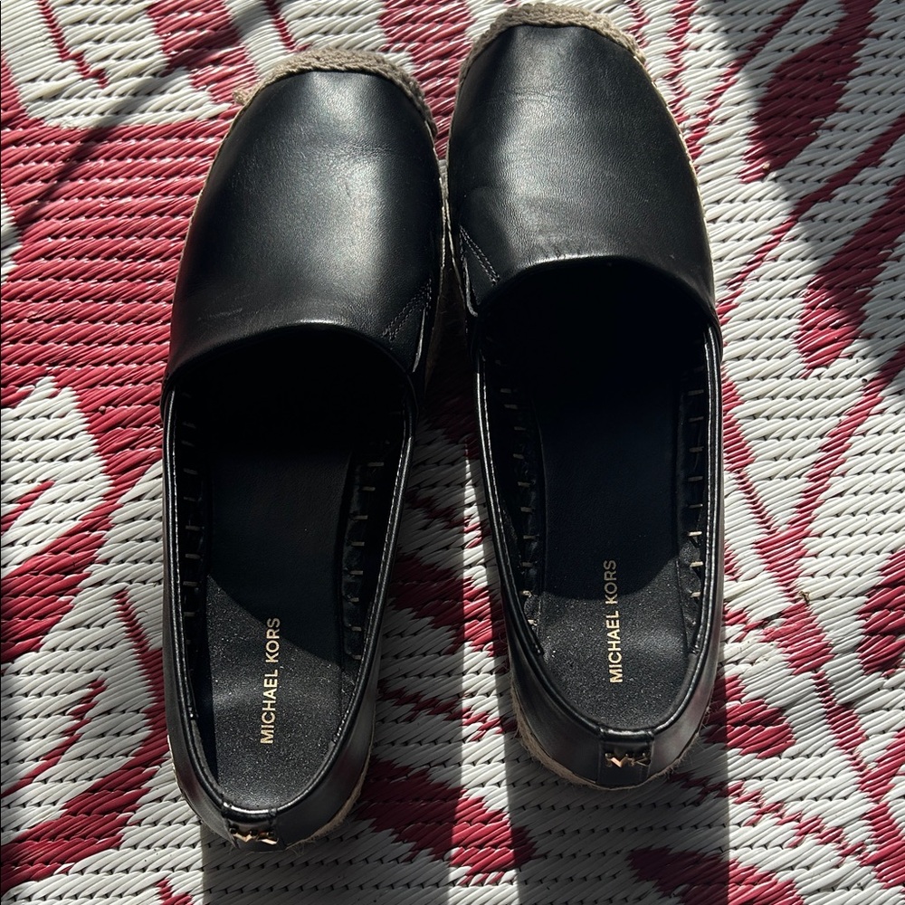 Michael Kors Black Leather Espadrille Slip-On Flats